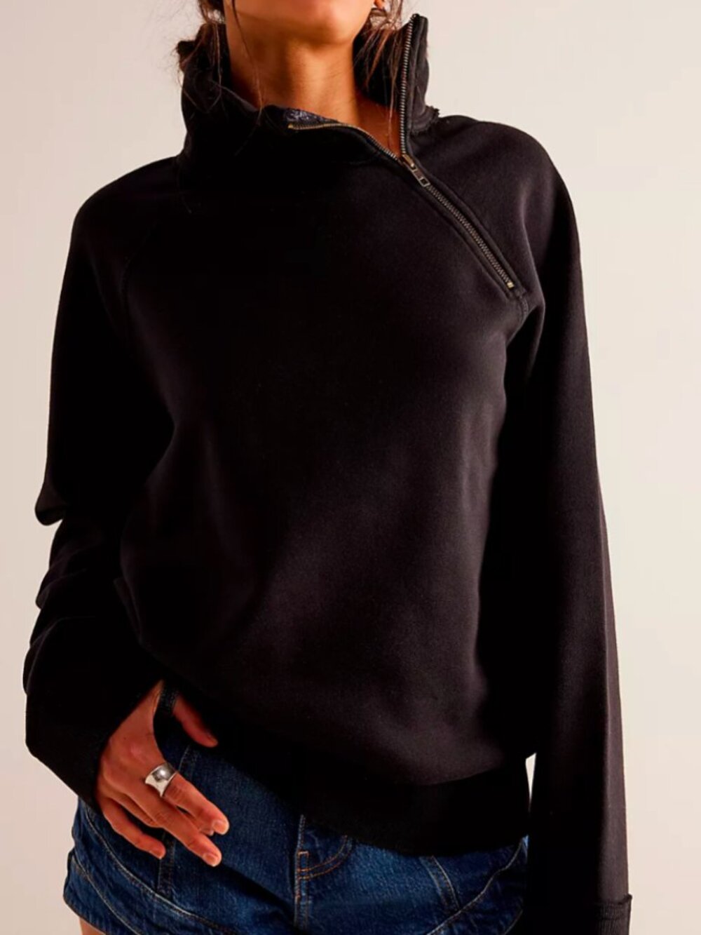 Free People "Just A Game" Black Asym Half Zip Sweatshirt